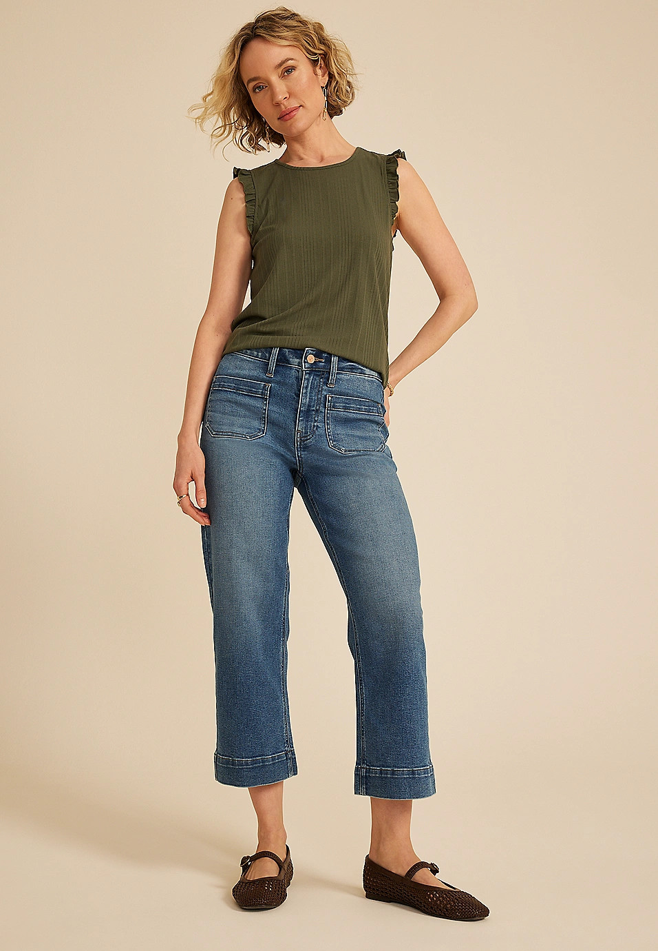 m jeans by maurices™ High Rise Patch Pocket Wide Leg Cropped Jean | Maurices