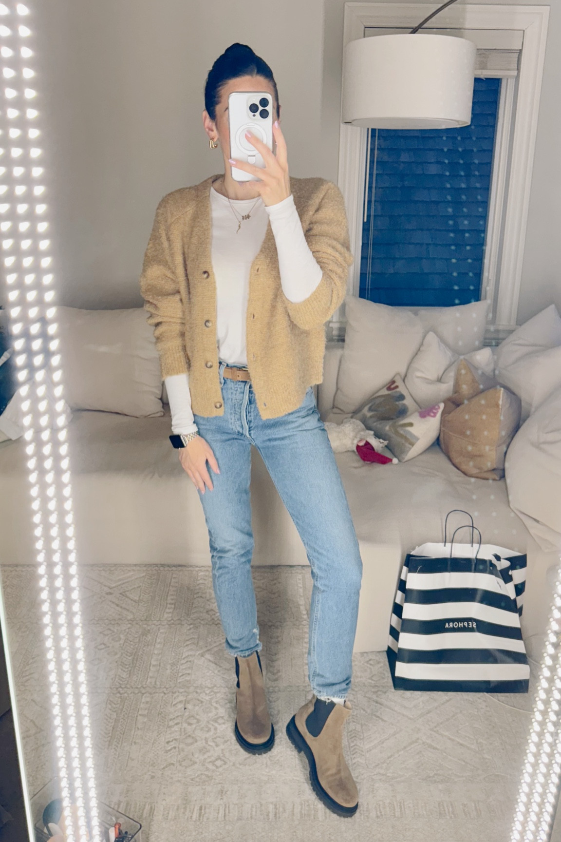 Layered and cozy for the season 🤎✨❄️ This caramel cardigan paired with a classic white tee, light-wash denim, and rugged Chelsea boots is the perfect balance of comfort and style. Effortless for errands, coffee runs, or a casual day out.

🖤 Cardigan: xxs
🤍 Tee: xxs
👖 Jeans: old agolde, runs big 
👢 Boots: 7.5, tts

What’s your favorite way to style layers?

#EffortlessStyle #CozyAndChic #WinterLayers #OOTD #LTKSeasonal

#LTKSeasonal #LTKStyleTip #LTKFindsUnder100