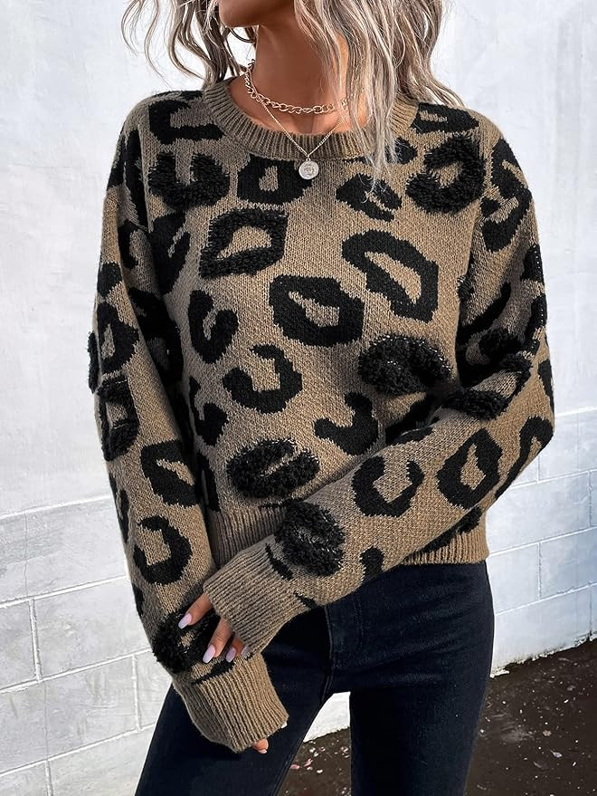 Leopard Pattern Drop Shoulder Sweater (Color : Khaki, Size : Medium) | Amazon (US)