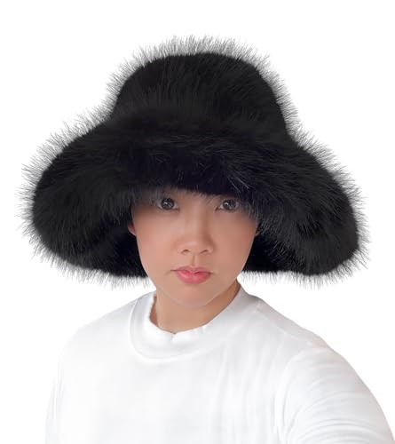 Lina & Lily Oversized Winter Faux Fur Bucket Hat for Women - Long Pile Fur Wide Moldable Brim (Black) | Amazon (US)