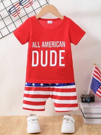 Summer Baby Boy Casual Cute Clothing Set DUDE Letter Print T-Shirt & Star Striped Shorts 2-Piece ... | SHEIN