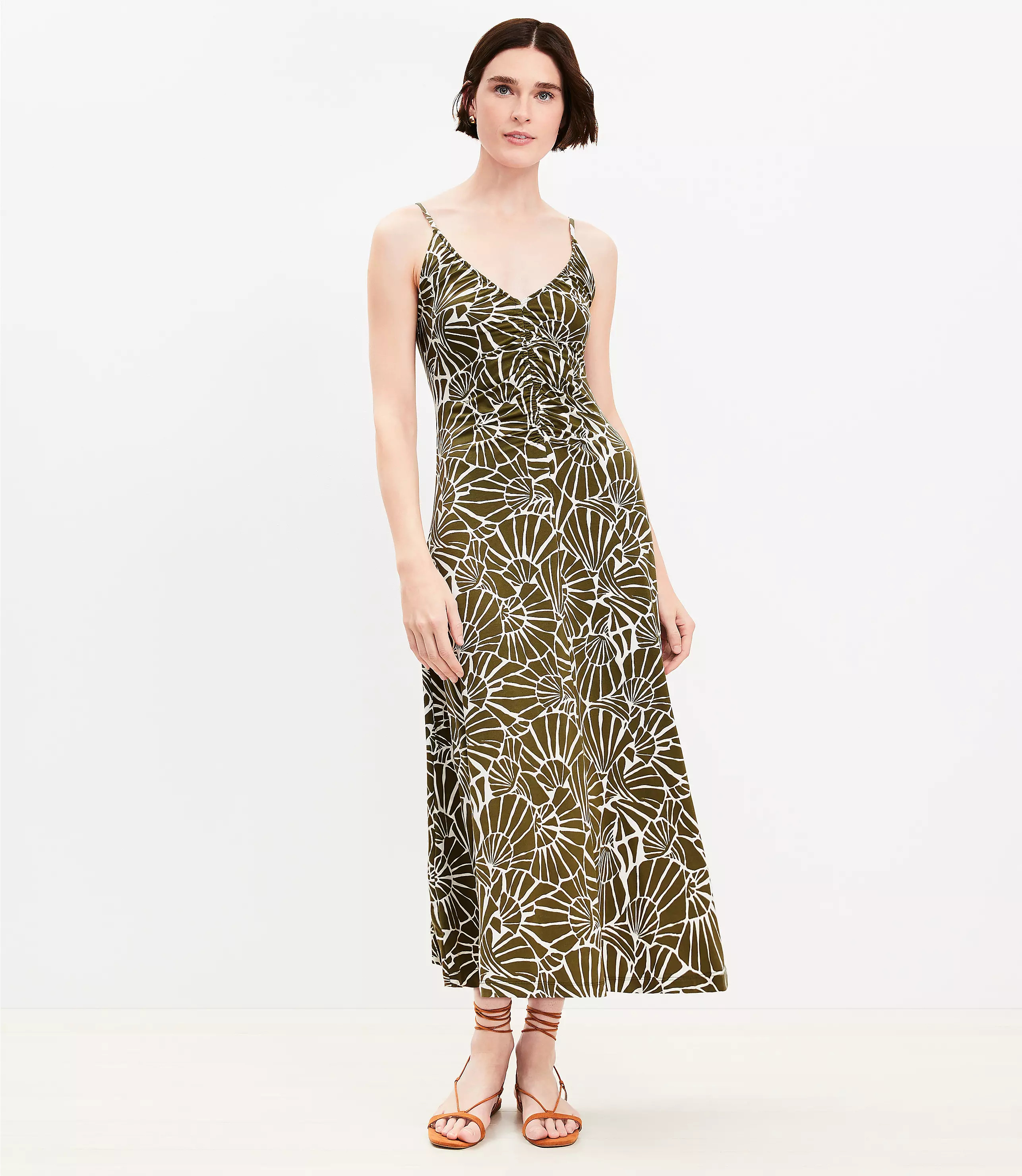 Shell Ruched Strappy Midi Dress | LOFT