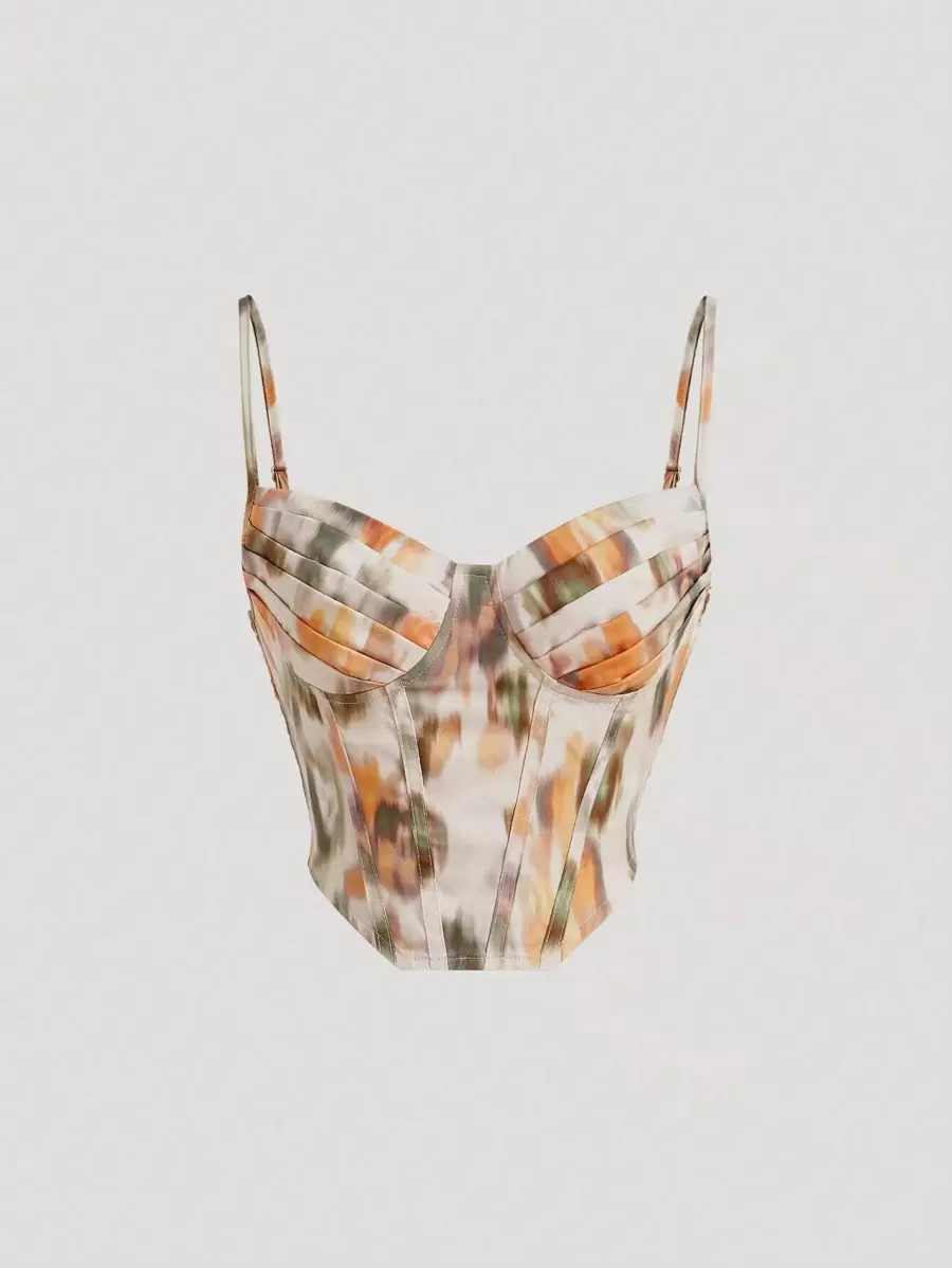 SHEIN MOD Retro Vintage Clothes Halo Dyed Floral Print Asymmetrical Hem Tie Dye Bustier Corset St... | SHEIN