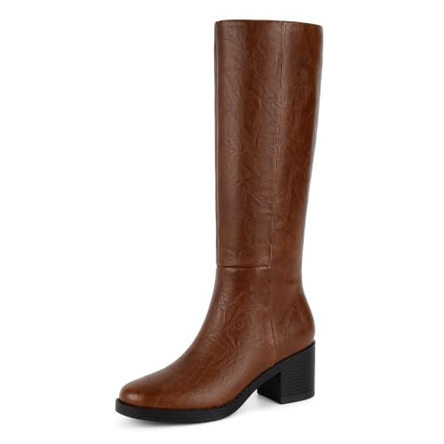Easyfox Knee High Boots for Women Chunky Heel Tall Boots, Retro Tan, 11 | Amazon (US)