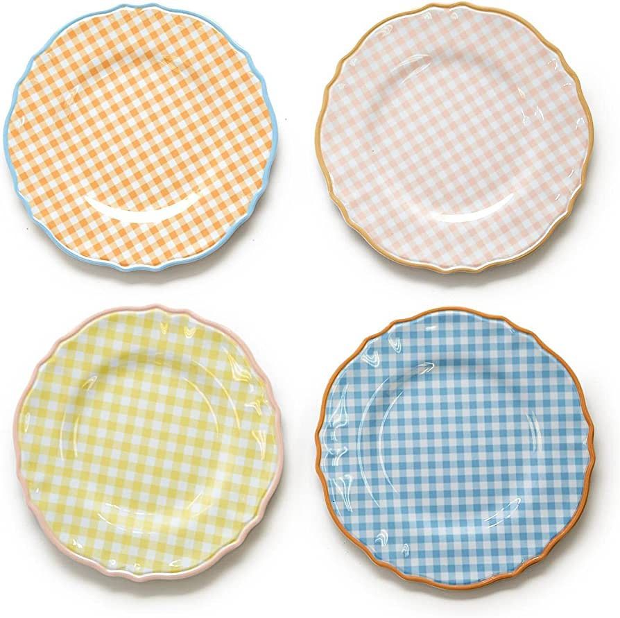 Two's Company Gingham Garden Set of 4 Melamine Dinner Plates Includes 4 Colors | Amazon (US)