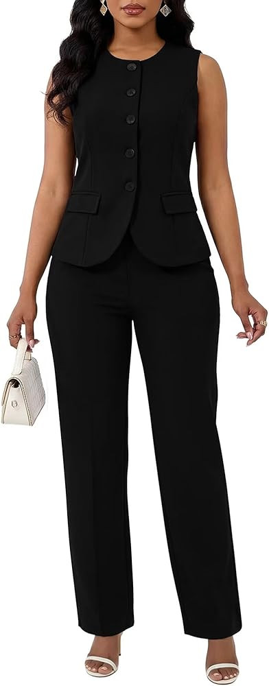 Kafiloe 2 Piece Sets Vest Pants Suits for Women Dressy Sleeveless Blazer Pantsuits Business Casua... | Amazon (US)