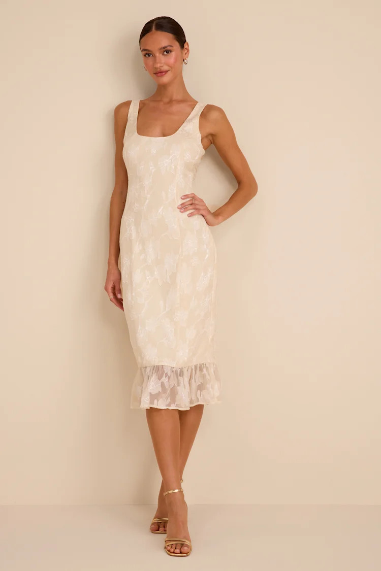 Elani Ivory Floral Burnout Trumpet Midi Dress | Lulus
