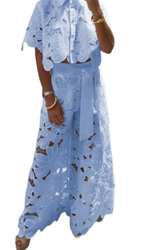 NIFTRIRY Outfits for Women 2 Piece Sets Lace Crop Shirt with Wide Leg Pants Two Piece Sets for Women Dressy | Amazon (US)