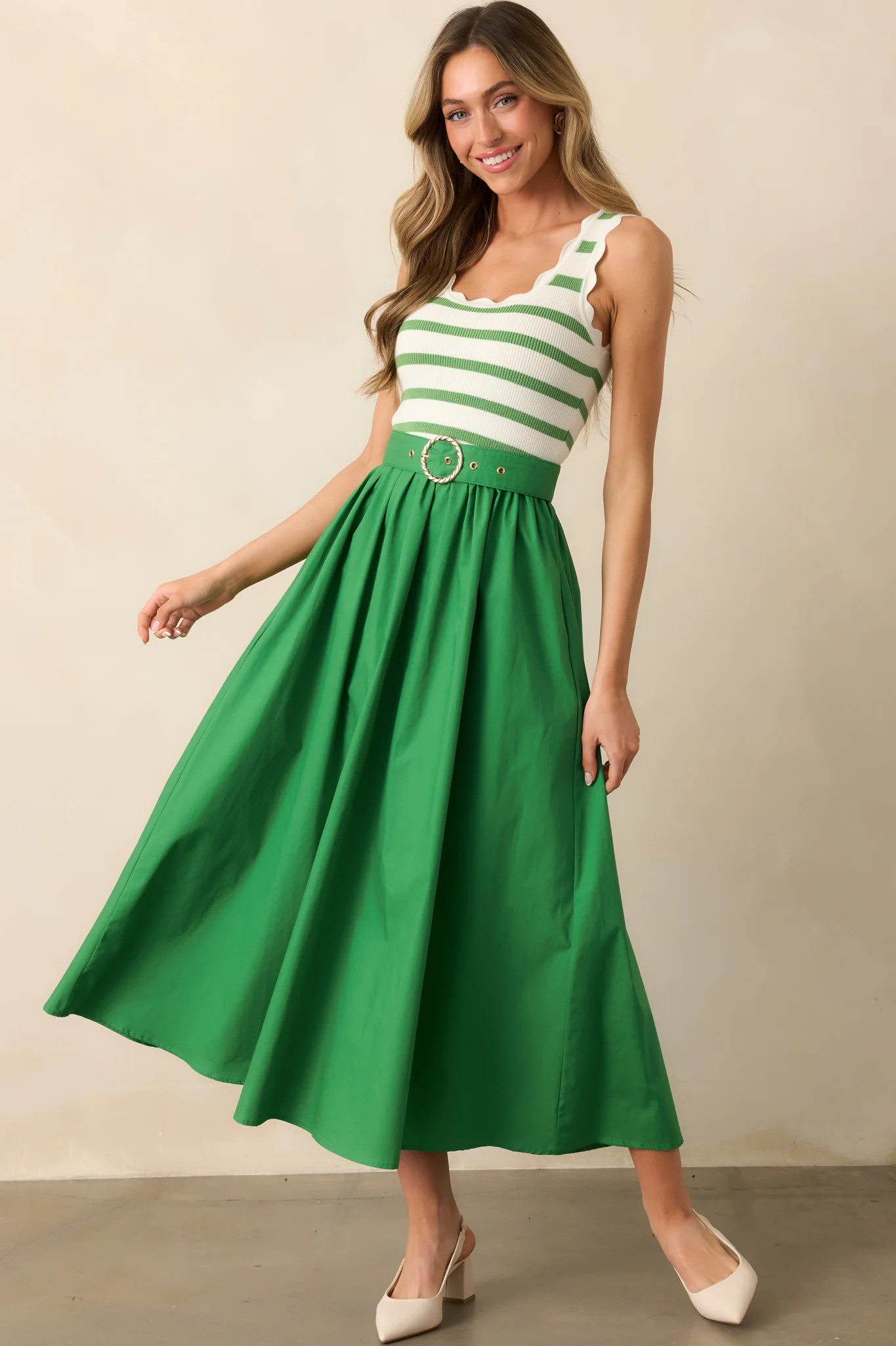 Greer Eden Green Stripe Midi Dress | Red Dress