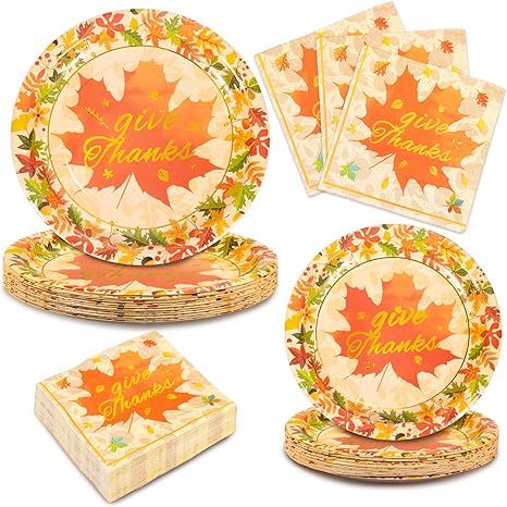 96Pcs Thanksgiving Paper Plates and Napkins Disposable Dinnerware Set Serves 24- Autumn Gold Foil... | Amazon (US)