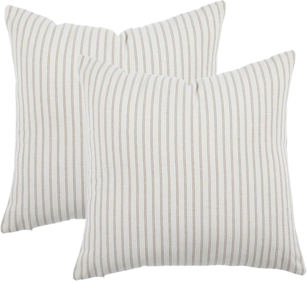 BOYSUM Khaki and Beige Throw Pillow Covers, 20x20 Farmhouse Pillow Covers Striped Throw Pillow Co... | Amazon (US)