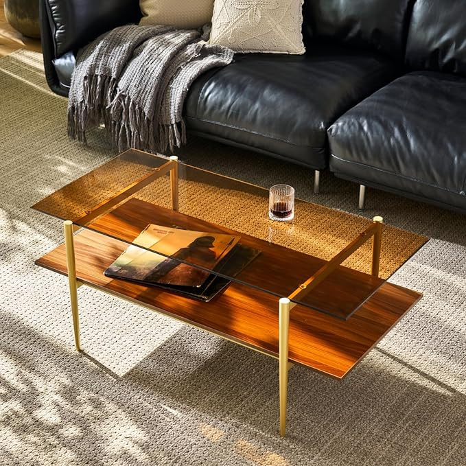 Saint Mossi Tadio Double Layer Glass Coffee Table for Living Room, Brown Glass & Coffee Brown MDF... | Amazon (US)