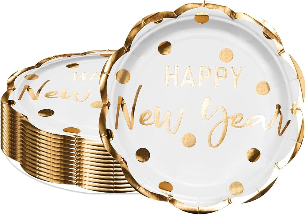 LeZakaa 25Pcs Christmas Paper Plates - Happy New Year Lettering in White, Gold Foil Design Dispos... | Amazon (US)