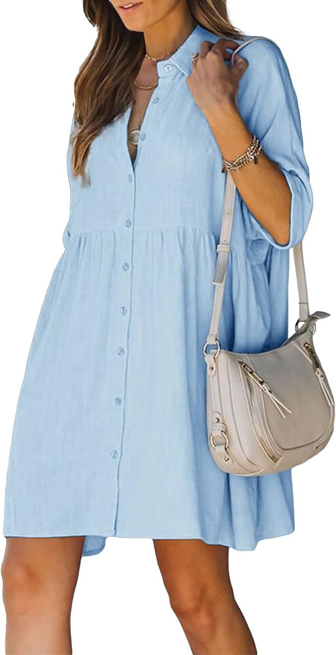 Pretifeel Womens Summer Cotton Linen Shirt Dress Collared Button Down Short Sleeve Babydoll Loose... | Amazon (US)