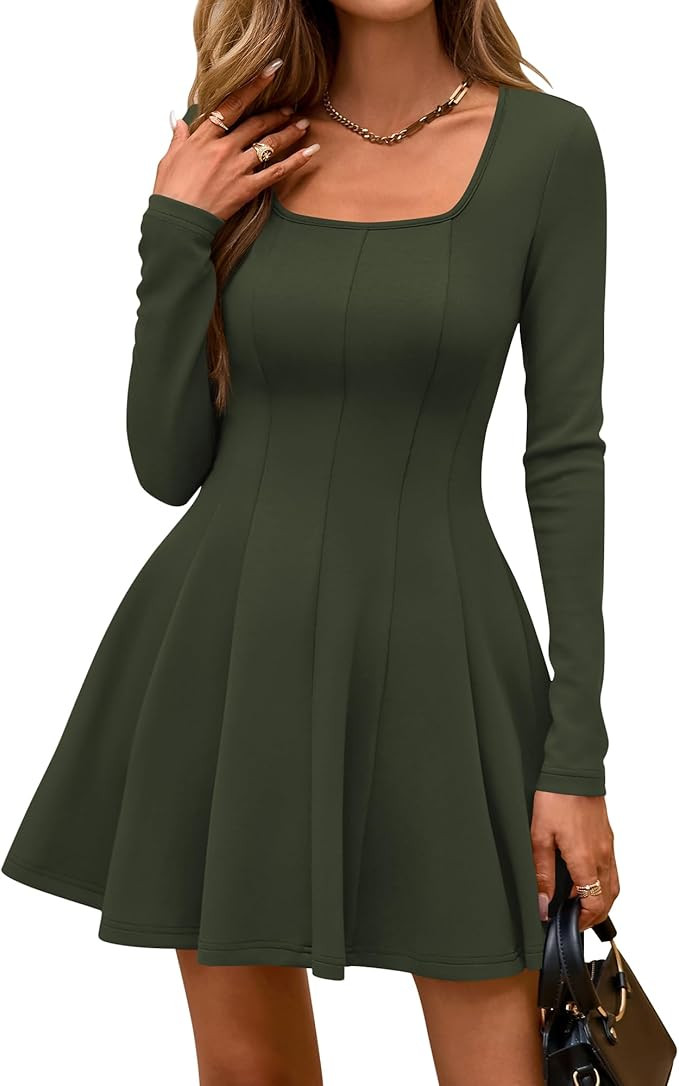 BTFBM Square Neck Dress for Women Casual Fall Long Sleeve Knit Pleated Elegant Classy 2025 A Line... | Amazon (US)