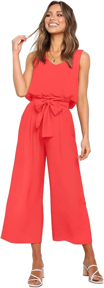 FANCYINN Womens 2 Piece Set V Neck Tank Wide Strap Tops High Waisted Cropped Paper Bag Pants with... | Amazon (US)