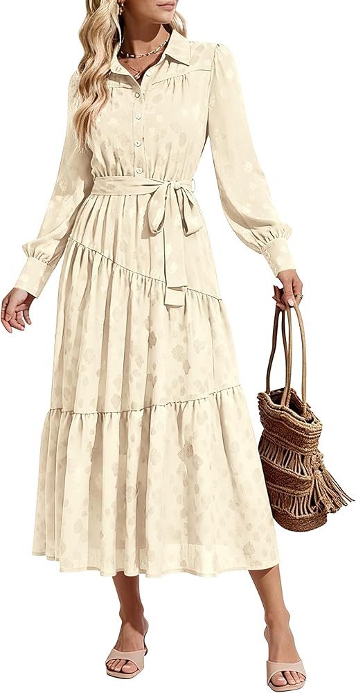 dowerme Women's Casual Dresses 2025 Fall Fashion Long Sleeve Button Up Floral Print Belted Tiered... | Amazon (US)