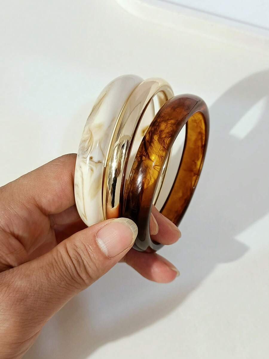 3pcs Vintage Thick Multi-Layer Brown & Beige Acrylic Resin Bracelet, Suitable For Women, Couples,... | SHEIN