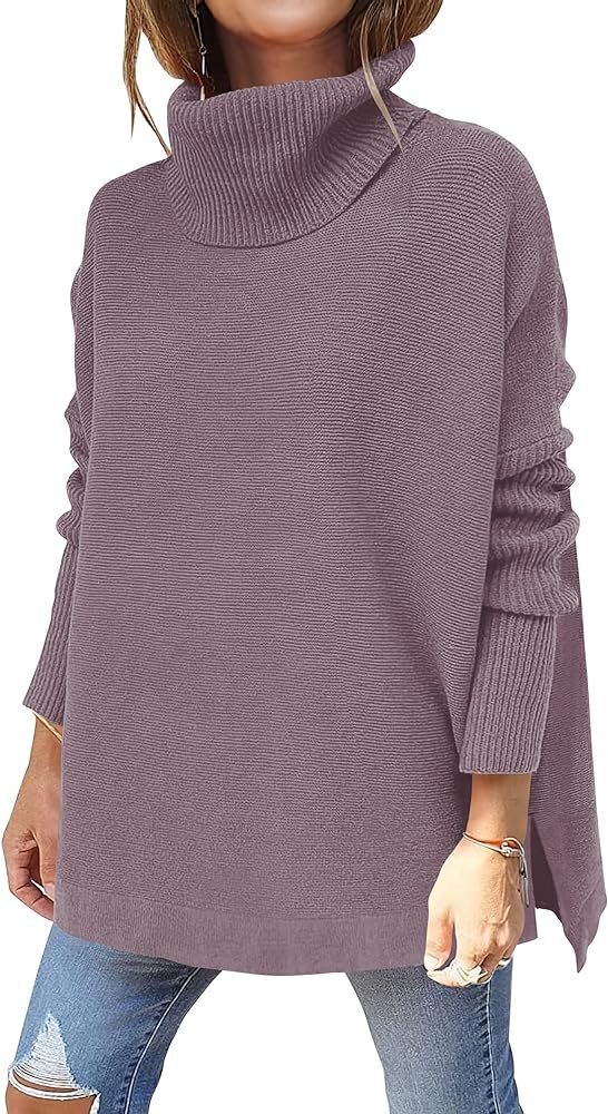 ANRABESS Women's Turtleneck Oversized 2022 Long Batwing Sleeve Spilt Hem Knit Tunic Pullover Swea... | Amazon (US)