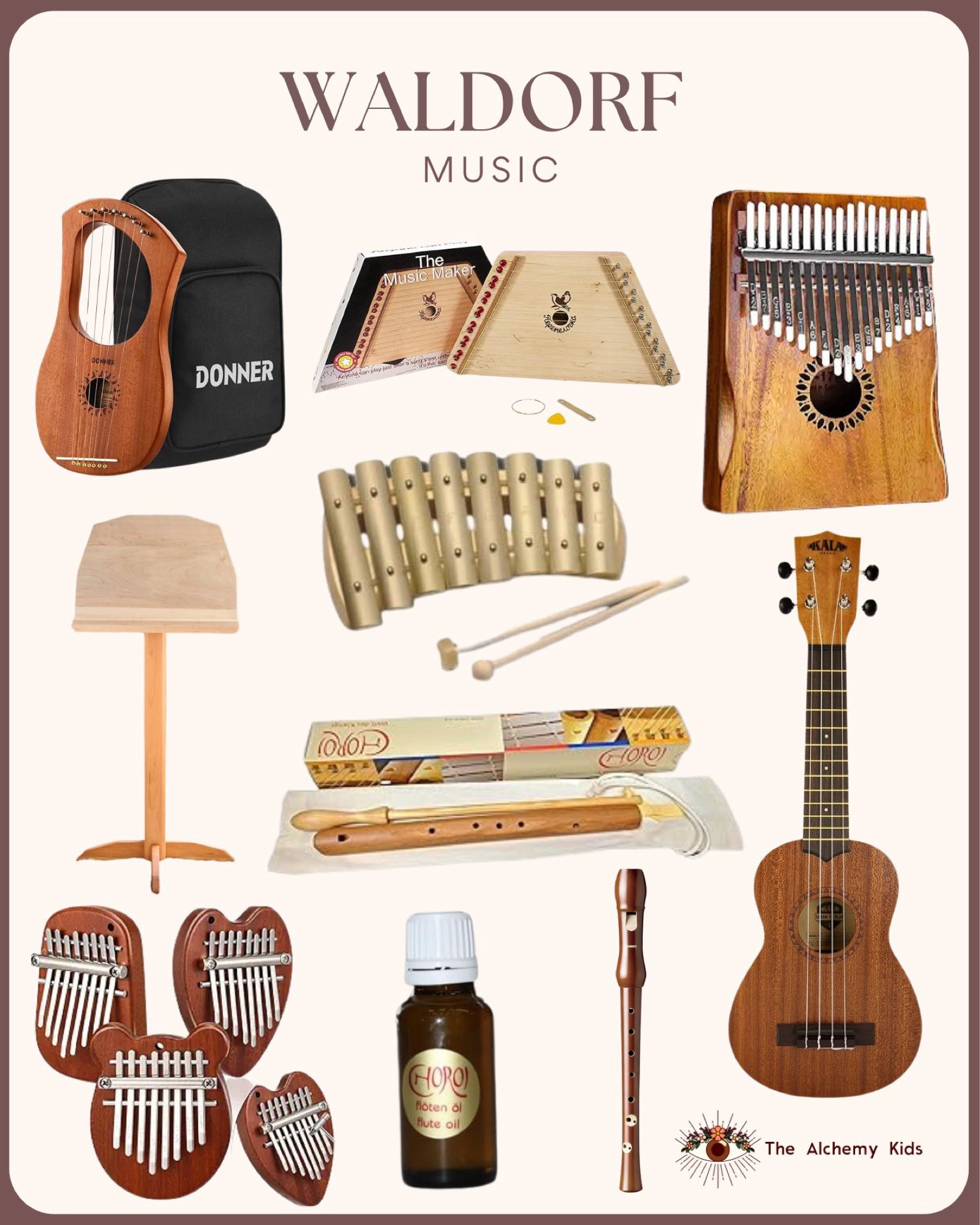 🎶 Waldorf Musical Instruments 🎶

This collection features beautifully crafted Waldorf-inspired musical instruments, perfect for nurturing creativity and rhythm.

Featured:
🎵 Lyre Harp– A soothing, ethereal instrument for storytelling and song.
🎵 Lap Harp– An easy-to-play string instrument .
🎵 Thumb Piano– Rich, melodic tones in a handheld design.
🎵 Glockenspiel– A percussion instrument with metal bars that create bright, bell-like tones when played with mallets. Ideal for early music exploration.
🎵 Wooden Flutes & Recorders– Traditional wind instruments to encourage breath control.
🎵 Ukulele– A fun and beginner-friendly string instrument for all ages.
🎵 Flute Oil– Essential for caring for wooden wind instruments.
🎵 Handmade Music Stand- Perfect for practice sessions and performances.

Why Waldorf Music?

✔ Natural Materials – Made with wood and high-quality craftsmanship.
✔ Encourages Creativity – Fosters self-expression and improvisation.
✔ Gentle, Organic Sound – Calming tones perfect for mindfulness and play.

#WaldorfMusic #NaturalInstruments #HandmadeSound #TheAlchemyKids #MusicalPlay
#WaldorfEducation #WaldorfInspired #NaturalToys #WoodenInstruments #MusicForKids #MusicalEducation #HandmadeInstruments #CreativePlay #MontessoriMusic #RhythmAndMelody #HolisticLearning #MusicTherapy #MindfulMusic #OrganicPlay #TheAlchemyKids #ParentingTips #EarlyChildhoodEducation #NatureInspired #MusicianLife #AcousticSounds

#LTKKids