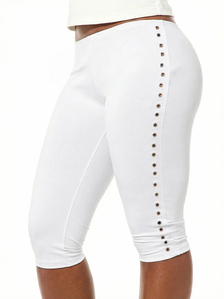 SUMWON WOMEN Women Jersey Capri Leggings With Side Eyelet Button Detail Stretch Mid Rise Three Quarter Length Pants | SHEIN