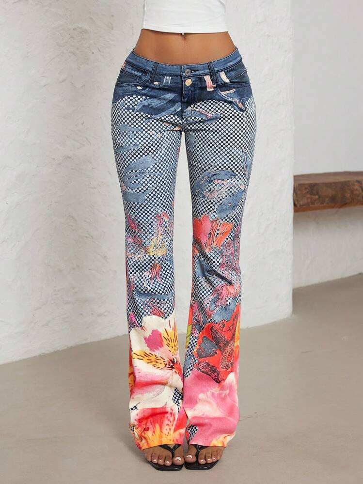 Jeanoix Women's Y2K Floral Print Pocket Design Flare Leg Fashion High Street Denim Jeans | SHEIN