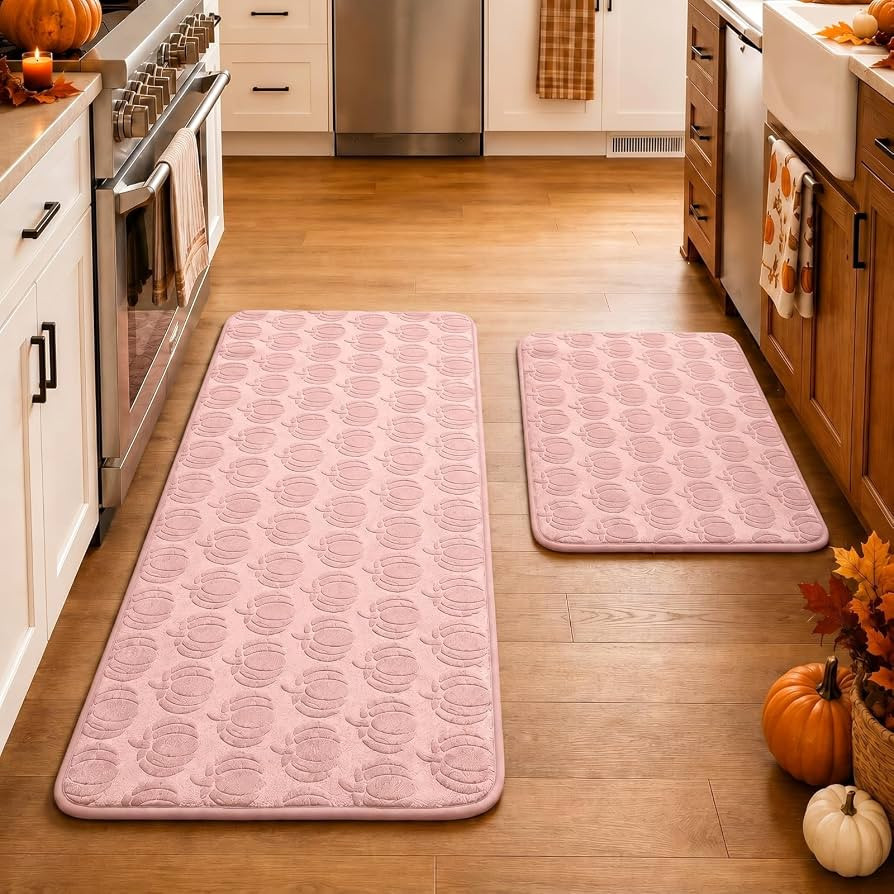 Dunzy Set of 2 Pink Fall Kitchen Rugs Pumpkin Door Mats Fall Decor | Amazon (US)