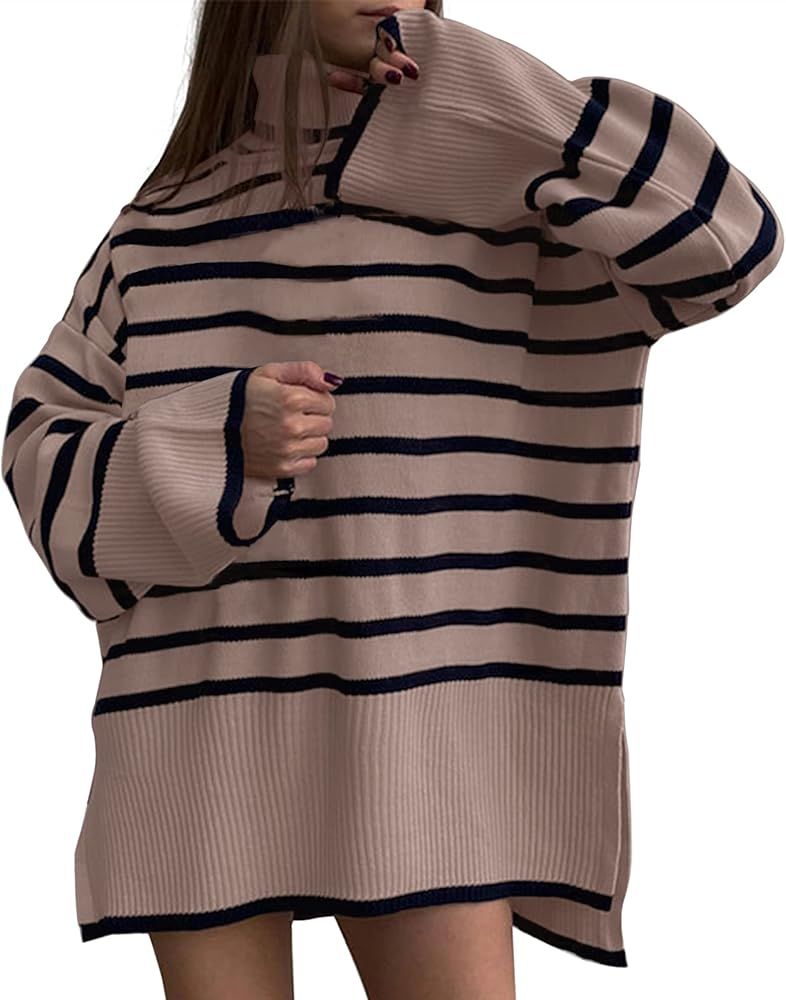 MISSACTIVER Women’s Striped Turtleneck Split Side Oversized Knit Jumper Casual Drop Shoulder Lo... | Amazon (US)