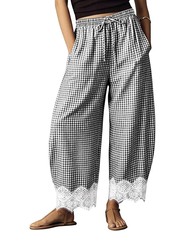 Womens Lace Hem Gingham Barrel Pants Wide Leg Elastic Drawstring Waist Lounge Pants Plaid Trouser... | Amazon (US)
