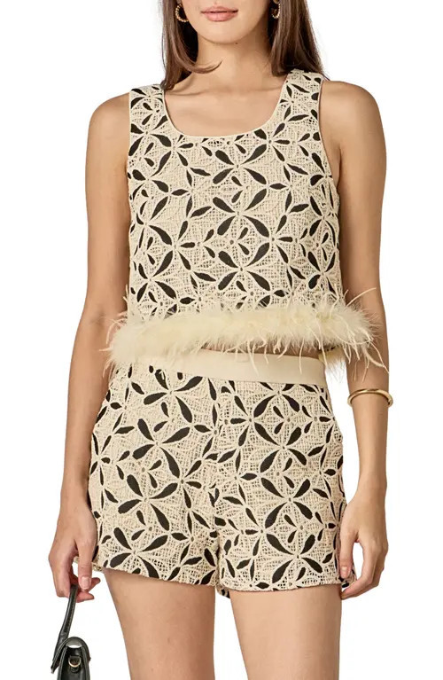 English Factory Crochet Lace Feather Crop Tank in Cream/Black at Nordstrom, Size Small | Nordstrom
