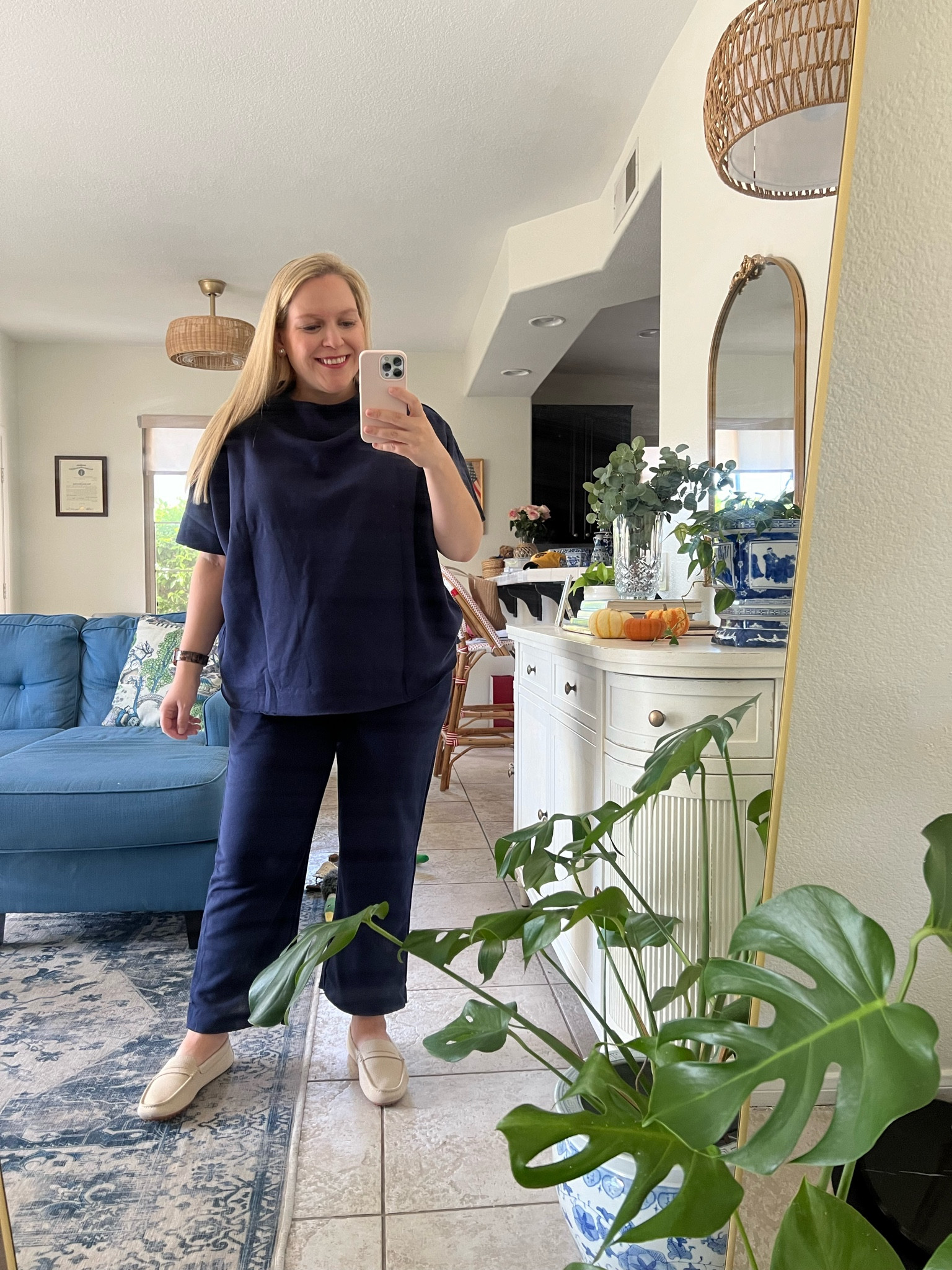 Love this perfectly oversized Amazon matching set for travel and for moments when you want to be comfy ‘n cozy but also feel a bit more pulled together. 

I’m wearing medium and I’d say it’s TTS. I might size up to a large for the remaining months of my pregnancy. 