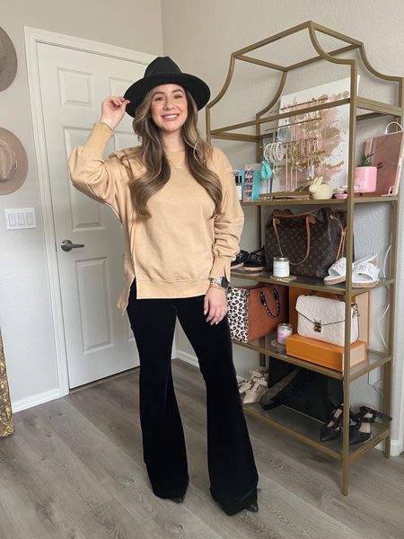Casual Outfit Inspo | Oversized Asymmetrical Sweatshirt (Small), Black Velvet Flare Pants (Small), Black Ankle Boots (TTS), Black Wide Brim Hat | Amazon Fashion, Walmart Fashion | #AmazonFashion #WalmartFashion #OutfitIdea #OutfitInspo #CasualStyle

#LTKfindsunder50 #LTKstyletip #LTKfindsunder100