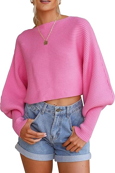 dowerme 2022 Women's Casual Crewneck Knitted Sweater Long Batwing Sleeve Solid Soft Loose Ribbed ... | Amazon (US)