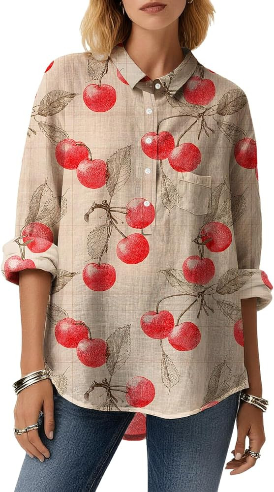 Womens Fruit Print Tops Casual Long Sleeve Lapel Front Buttons Fall Garden Blouse Classic Irregul... | Amazon (US)