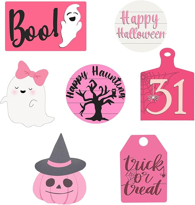 Amazon.com: 7 Pieces Halloween Tiered Tray Decorations, Happy Halloween Pink Ghost Boo Wooden Sig... | Amazon (US)
