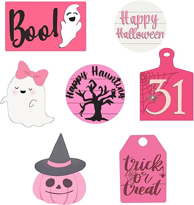Amazon.com: 7 Pieces Halloween Tiered Tray Decorations, Happy Halloween Pink Ghost Boo Wooden Sig... | Amazon (US)