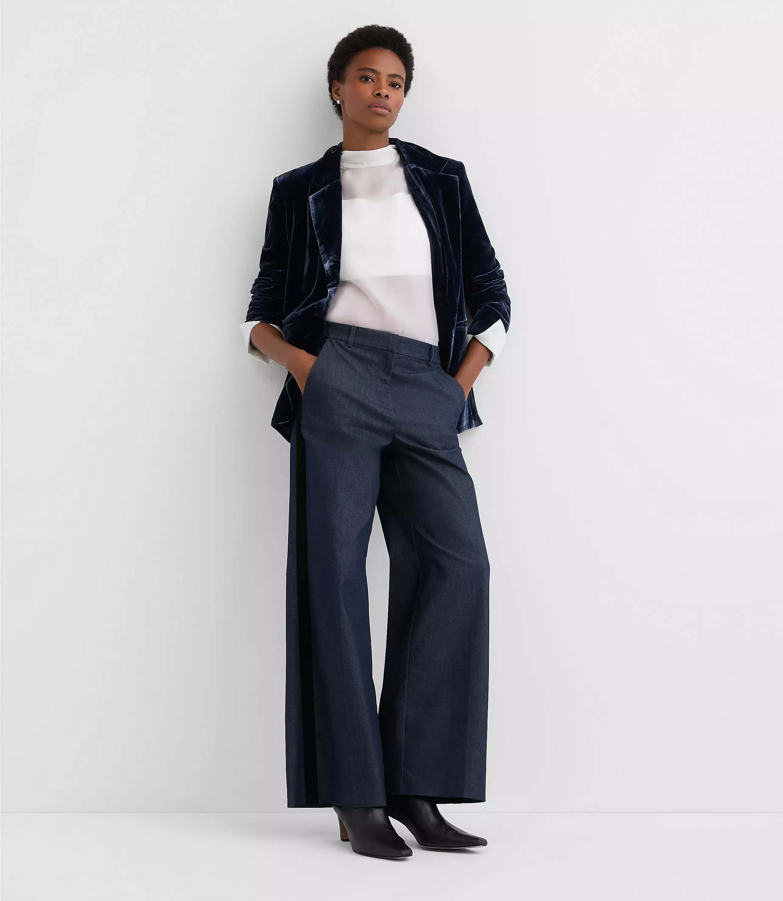 Tall Velvet Tuxedo Stripe Clean Wide Leg Pants in Refined Denim | LOFT