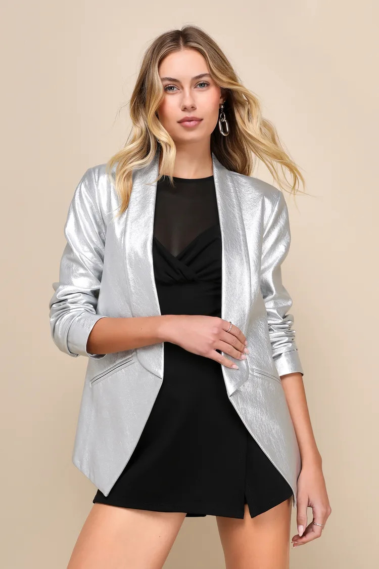 Miss Punctuality Metallic Silver Faux Leather Blazer | Lulus
