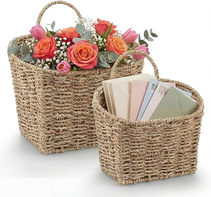 Set of 2 Seagrass Hanging Baskets for Organizing, Front Door, Mail, Flowers | Amazon (US)