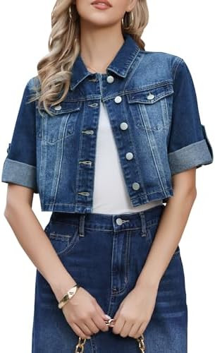 Allegra K Womens Denim Jacket Rolled Sleeve 2026 Button Down Crop Jean Jackets | Amazon (US)