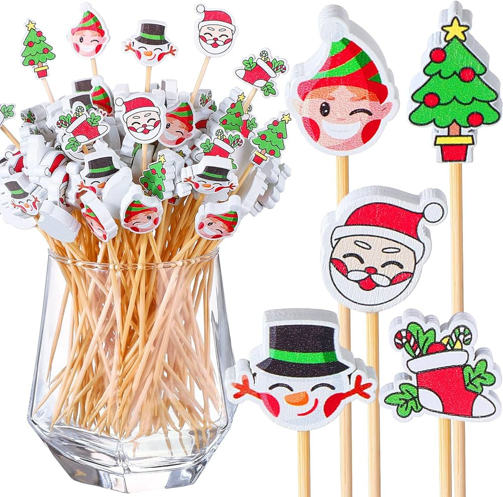 Sliner 1000 Pcs Christmas Cocktail Picks Christmas Theme Fruit Sticks Wooden Bamboo Skewers Sandw... | Amazon (US)