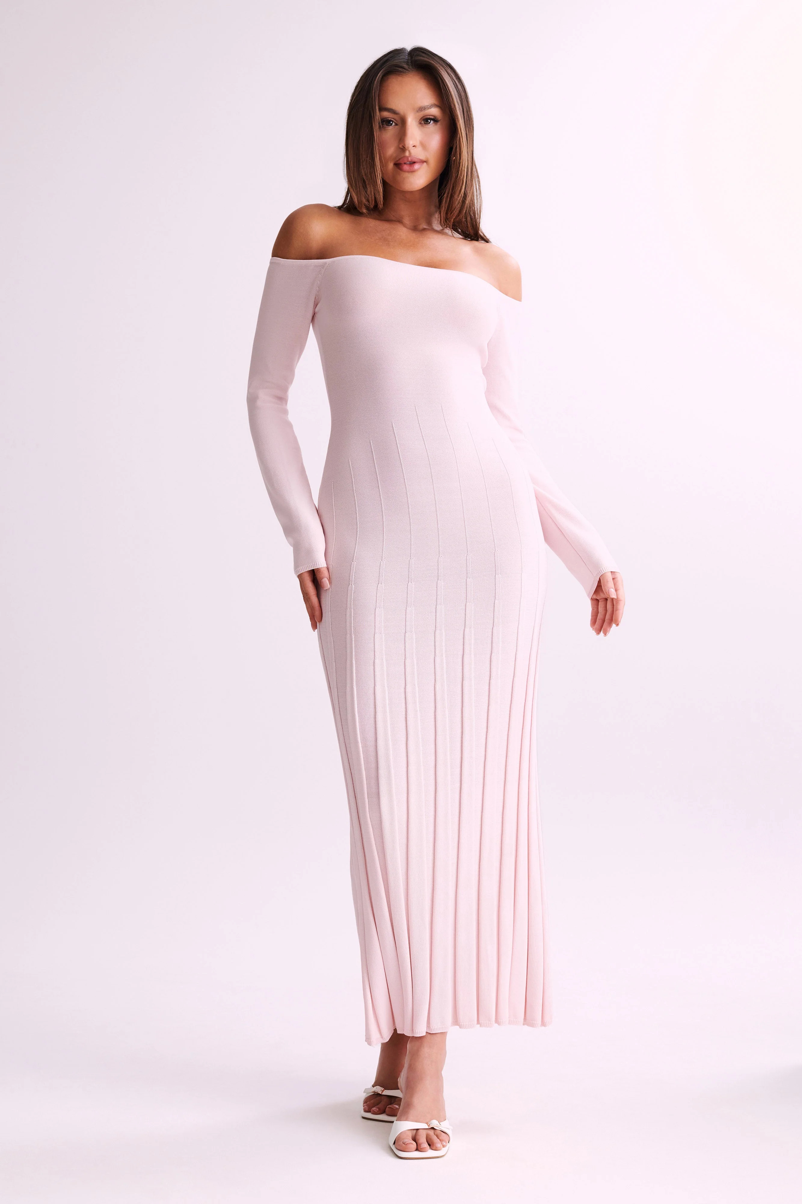 Emmeline Long Sleeve Rib Knit Midi Dress - Fairy Floss Pink | MESHKI US