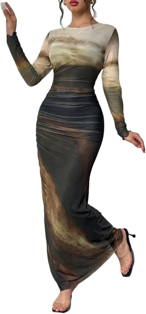 LIGHT DOT Women's Printed Bodycon Maxi Dress Long Sleeve Tie Dye Mesh Ruched Cocktail Dress | Amazon (US)