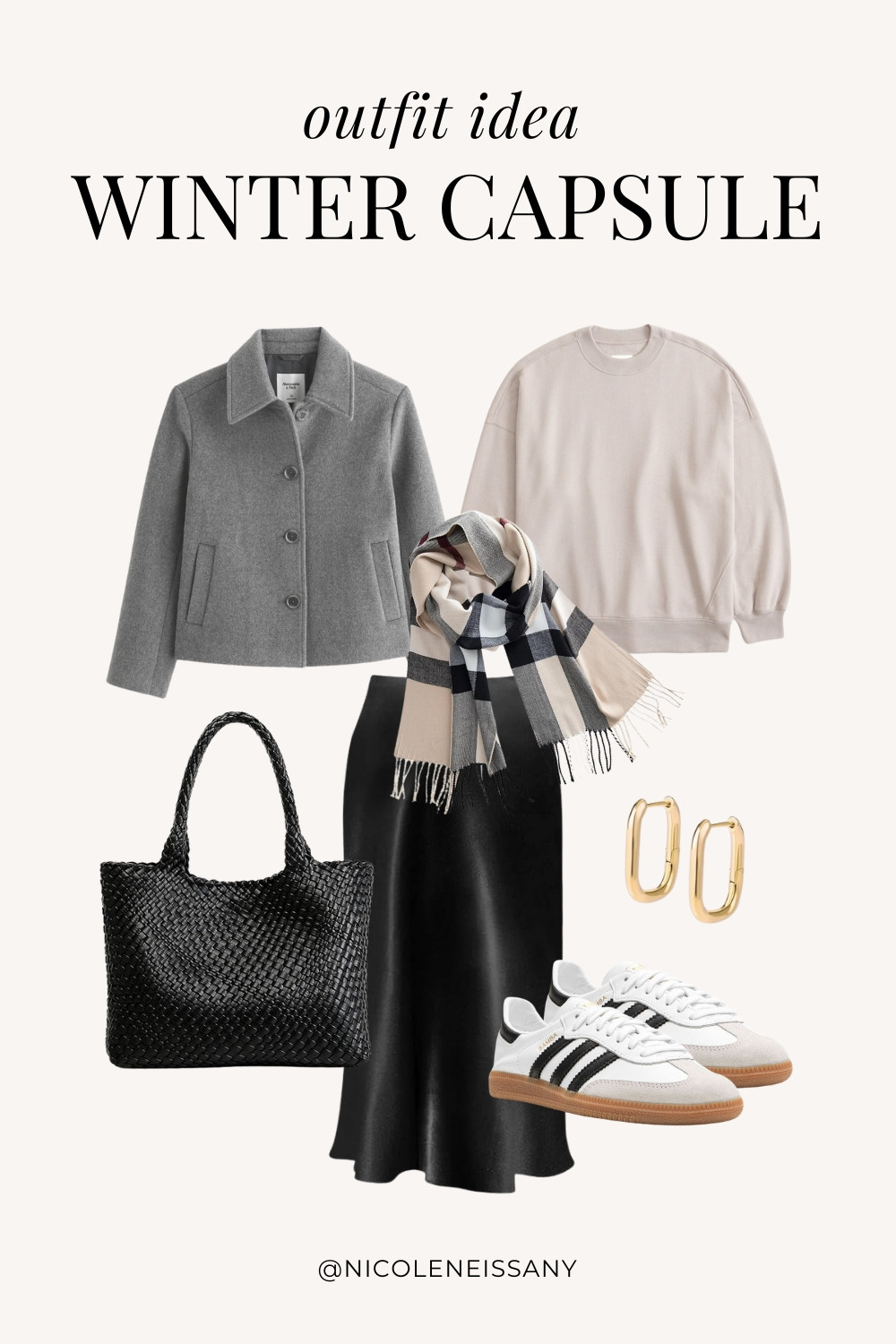 Winter Capsule Wardrobe Outfit Idea | winter capsule outfit, winter outfit, winter outfits, winter style, winter fashion, winter 2024 fashion, winter outfits 2024, winter trends 2024, winter outfit inspo, winter outfit inspiration, winter capsule wardrobe essentials, winter wardrobe essentials, winter closet essentials, winter essentials, winter basics, winter must haves, neutral capsule wardrobe, neutral outfit, neutral fashion, casual outfit, casual date night outfit, elevated casual outfit, brunch outfit, everyday outfit, work outfit, Abercrombie, Amazon Fashion, Revolve, Lulus, Nordstrom, H&M, Mango // winter jacket, wool jacket, peacoat, bomber jacket, sweatshirt, satin midi skirt, adidas samba decon sneakers, adidas samba sneakers, neutral sneakers, gold square hoop earrings, woven tote bag, woven bag, plaid scarf, winter scarf

#LTKSeasonal #LTKShoeCrush #LTKItBag #LTKStyleTip #LTKFindsUnder50 #LTKFindsUnder100 #LTKTravel #LTKHome #LTKParties #LTKSaleAlert  

 