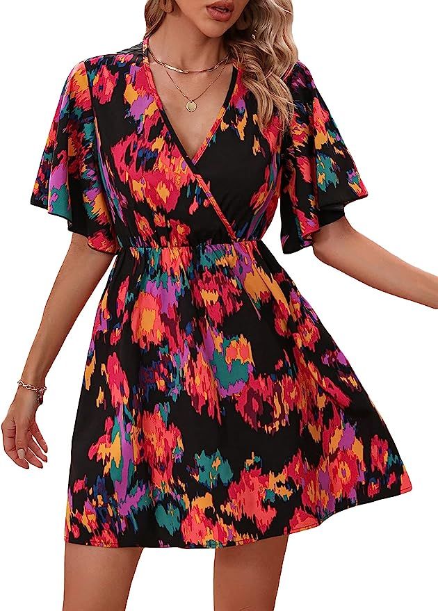 OYOANGLE Women's Printed Short Butterfly Sleeve Wrap V Neck A Line Flared Swing Dress | Amazon (US)