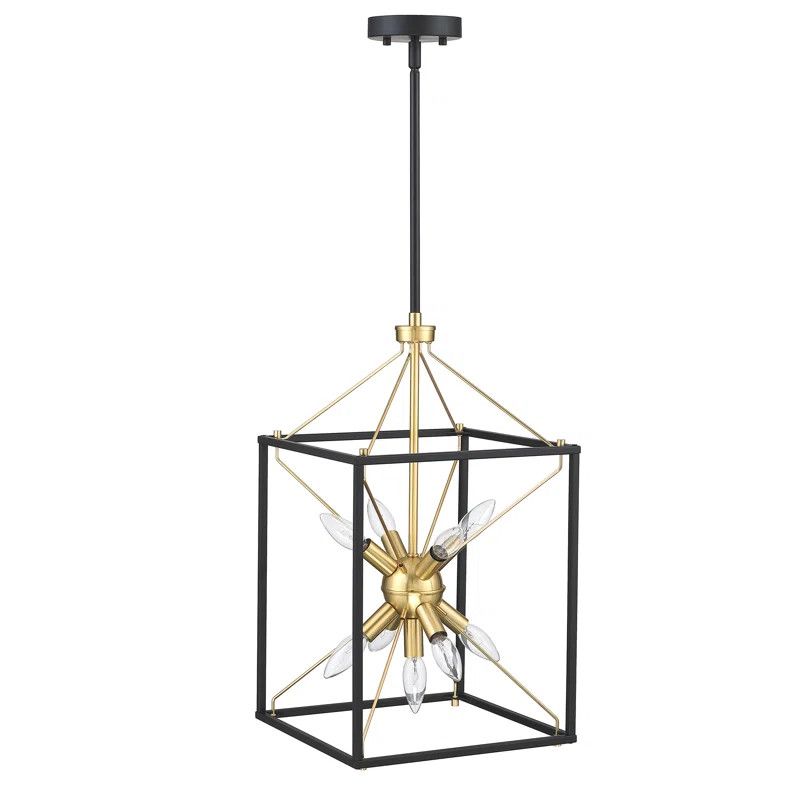 10 In. 9-Light Modern Rectangle Lantern Pendant Light With Matte Black Finish And Gold Accents | Wayfair North America