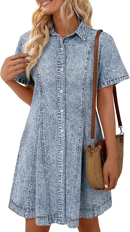 LILLUSORY Women‘s Denim Dress - Knee Length Button Down Casual Short Sleeves Jean Dress | Amazon (US)