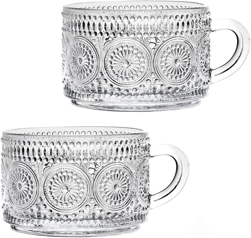 Amzcku Vintage Coffee Tea Cups, Glass Mugs 14 Oz Set of 2 Embossed Glassware with Handle, for Cap... | Amazon (US)