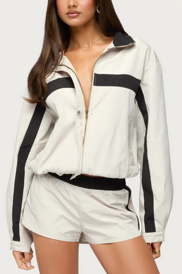 Edikted Emrie Stripey Nylon Jacket in Stone, Women's at Urban Outfitters | Urban Outfitters (US and RoW)