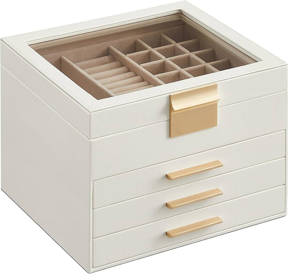 SONGMICS Jewelry Box with Glass Lid, 4-Layer Jewelry Organizer, 3 Drawers, for Big and Small Jewelry | Amazon (US)